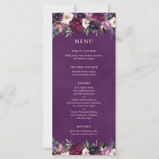 Eggplant Paarse Floral Wedding Menu (Voorkant)
