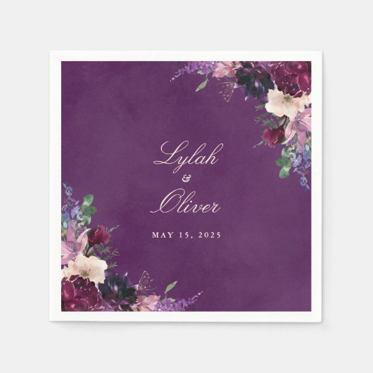 Eggplant Paarse Floral Wedding Napkins Servet (Voorkant)