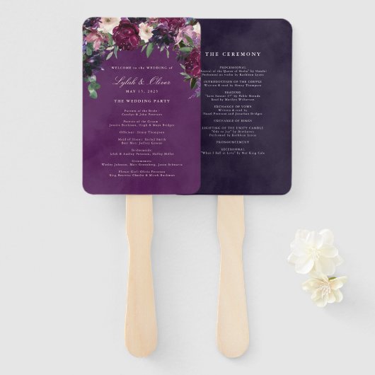 Eggplant Paarse Floral Wedding Programme Fan Handwaaier (Voorkant en achterkant)
