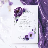 Eggplant Paarse Peony en Greenery Silver Wedding Kaart