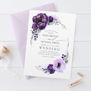 Eggplant Paarse Peony en Greenery Silver Wedding Kaart