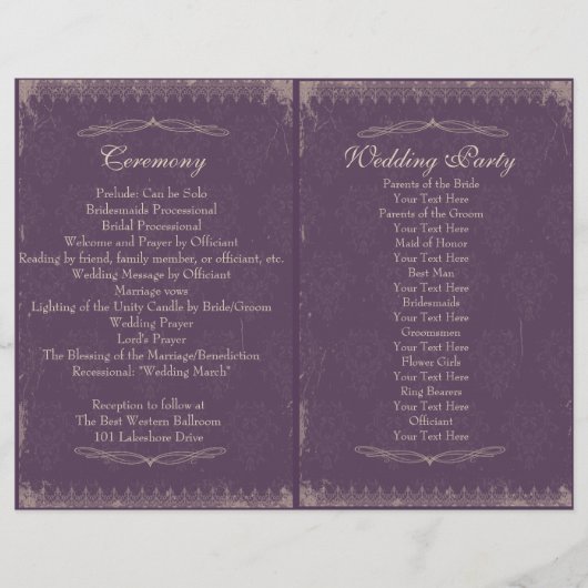 Eggplant Paarse Vintage Wedding Ceremony Programme (Voorkant)