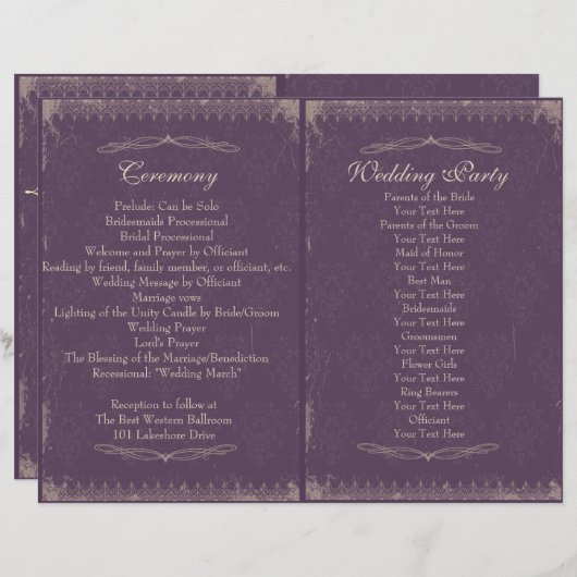 Eggplant Paarse Vintage Wedding Ceremony Programme (Voorkant / Achterkant)