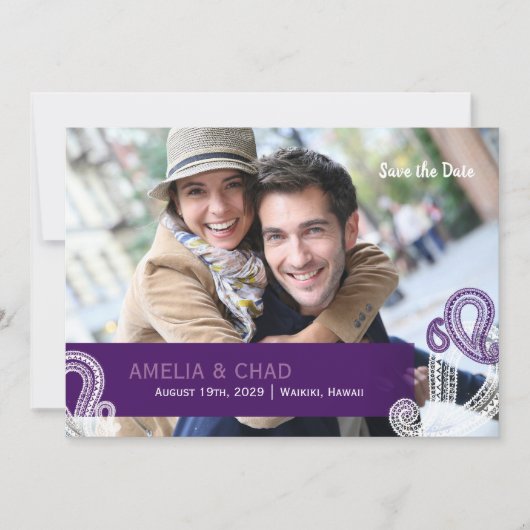 Eggplant Paisley Wedding Photo Save the Date (Voorkant)