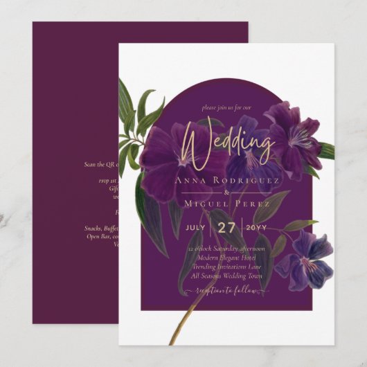 Eggplant Plum Paarse Floral Forest Green Wedding Kaart (Voorkant / Achterkant)