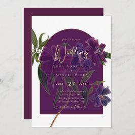 Eggplant Plum Paarse Floral Forest Green Wedding Kaart