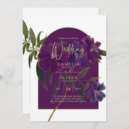 Eggplant Plum Paarse Floral Forest Green Wedding Kaart