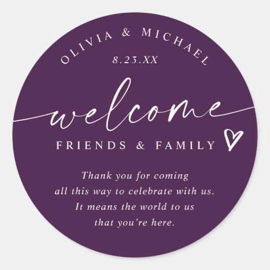 Eggplant Purple Wedding Welcome Hotel Bag Ronde Sticker (Voorkant)