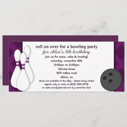 Eggplant Roll on Over Bowling Birthday Part Kaart (Voorkant / Achterkant)