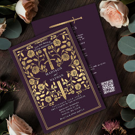 Eggplant Royal Medieval Gold Sword Wedding QR Code Kaart