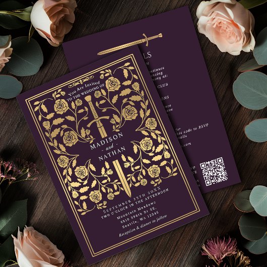 Eggplant Royal Medieval Gold Sword Wedding QR Code Kaart