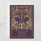 Eggplant Royal Medieval Gold Sword Wedding QR Code Kaart (Voorkant)