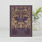 Eggplant Royal Medieval Gold Sword Wedding QR Code Kaart (Staand voorkant)