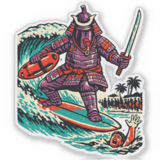 Eggplant Samurai Surf Rescue — Vintage Summer Hero Sticker