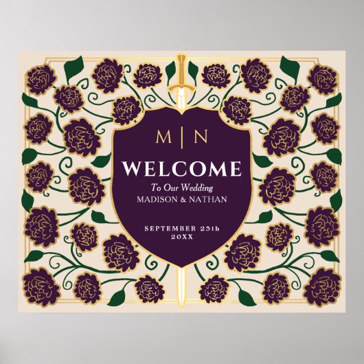 Eggplant Sword Shield Fantasy Wedding Welcome Sign Poster (Voorkant)
