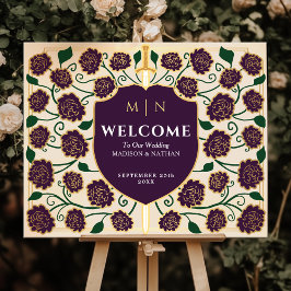 Eggplant Sword Shield Fantasy Wedding Welcome Sign Poster