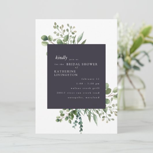 Eggplant & White Foliage Bridal Shower Invitation Kaart (Staand voorkant)