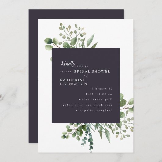 Eggplant & White Foliage Bridal Shower Invitation Kaart (Voorkant / Achterkant)
