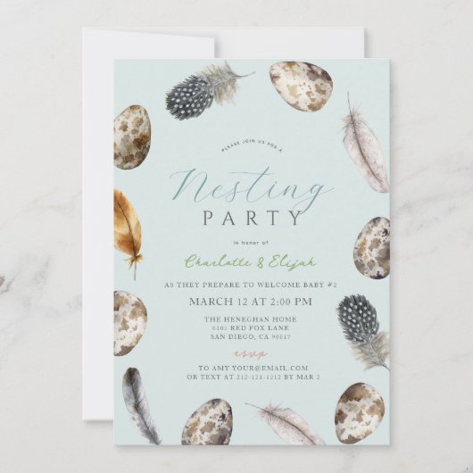 Eggs & Feathers Blue Nesting Party Baby shower Kaart (Voorkant)