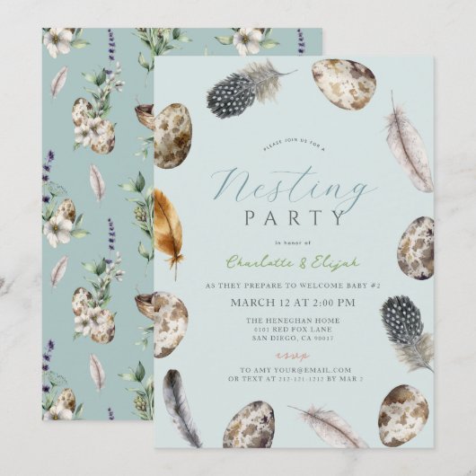 Eggs & Feathers Blue Nesting Party Baby shower Kaart (Voorkant / Achterkant)