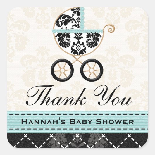 Eggshell Blauw Damask Baby Carriage Bedankt Vierkante Sticker (Voorkant)