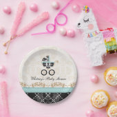 Eggshell Blue Damask Carriage Baby shower Papieren Bordje (Feest)