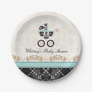 Eggshell Blue Damask Carriage Baby shower Papieren Bordje