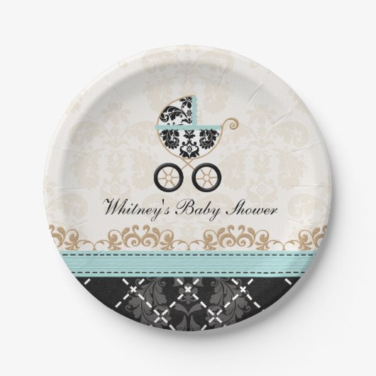 Eggshell Blue Damask Carriage Baby shower Papieren Bordje (Voorkant)