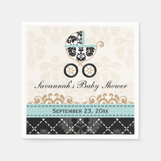 Eggshell Blue Damask Carriage Baby shower Servetten (Voorkant)