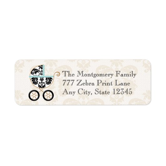 Eggshell Blue Damask Print Baby Carriage Return Etiket (Voorkant)