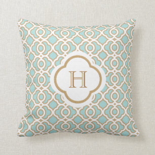 Eggshell Blue en Gold Moroccan Monogram Kussen