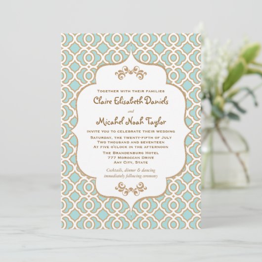 Eggshell Blue en Gold Moroccan Wedding Invitation Kaart (Staand voorkant)