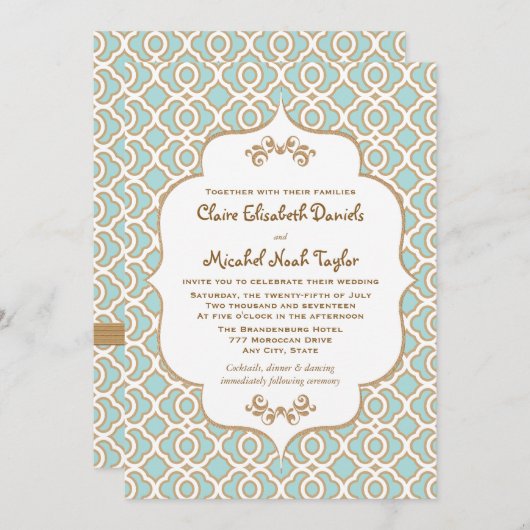Eggshell Blue en Gold Moroccan Wedding Invitation Kaart (Voorkant / Achterkant)