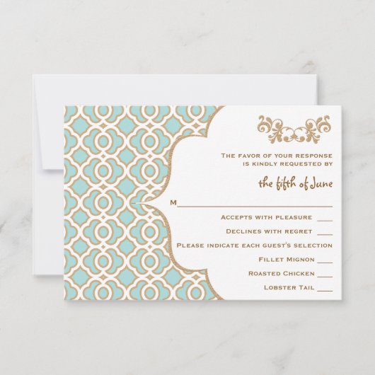 Eggshell Blue Gold Moroccan Wedding Response Cards RSVP Kaartje (Voorkant)