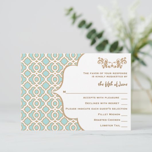 Eggshell Blue Gold Moroccan Wedding Response Cards RSVP Kaartje (Staand voorkant)