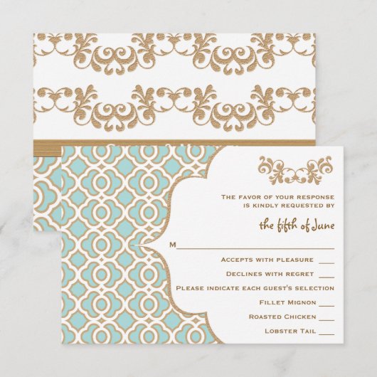 Eggshell Blue Gold Moroccan Wedding Response Cards RSVP Kaartje (Voorkant / Achterkant)