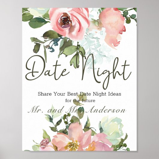 Eggshell en Blush Elegant Floral Date Night Sign Poster (Voorkant)