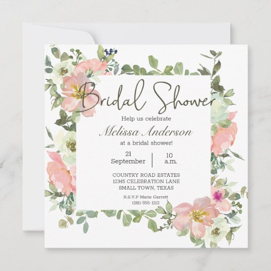 Eggshell en Blush Floral Bridal Shower Invitation Kaart (Voorkant)