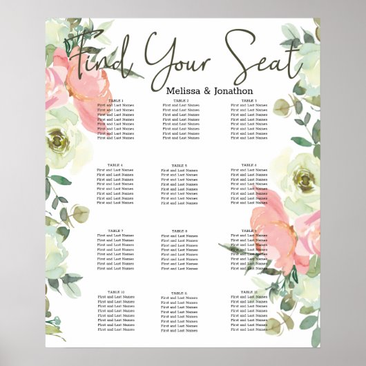 Eggshell en Blush Floral Wedding Seating Chart Poster (Voorkant)