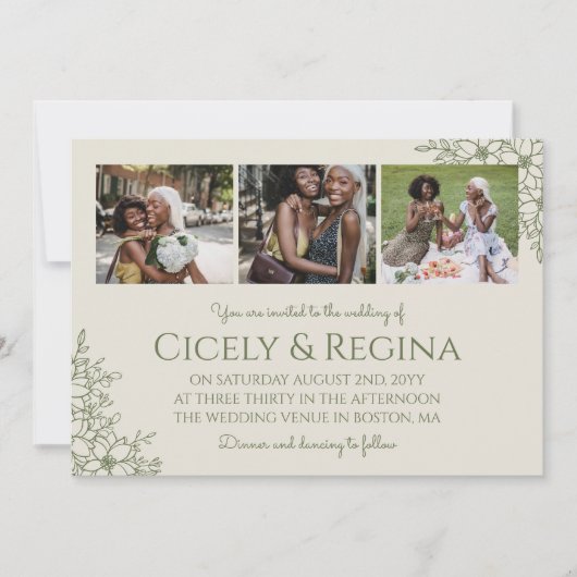 Eggshell & Olive Floral Photo Collage Wedding Kaart (Voorkant)
