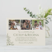 Eggshell & Olive Floral Photo Collage Wedding Kaart (Staand voorkant)