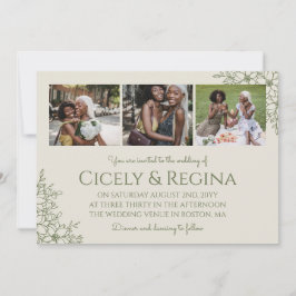 Eggshell & Olive Floral Photo Collage Wedding Kaart