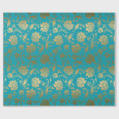 EGold & Turquoise Blue Floral Pattern Cadeaupapier (Vlak)