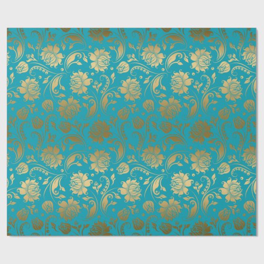 EGold & Turquoise Blue Floral Pattern Cadeaupapier (Vlak)