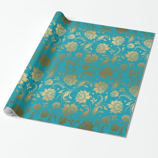 EGold & Turquoise Blue Floral Pattern Cadeaupapier (Uitgerold)