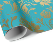EGold & Turquoise Blue Floral Pattern Cadeaupapier (Rol Hoek)