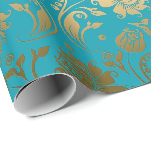 EGold & Turquoise Blue Floral Pattern Cadeaupapier (Rol Hoek)