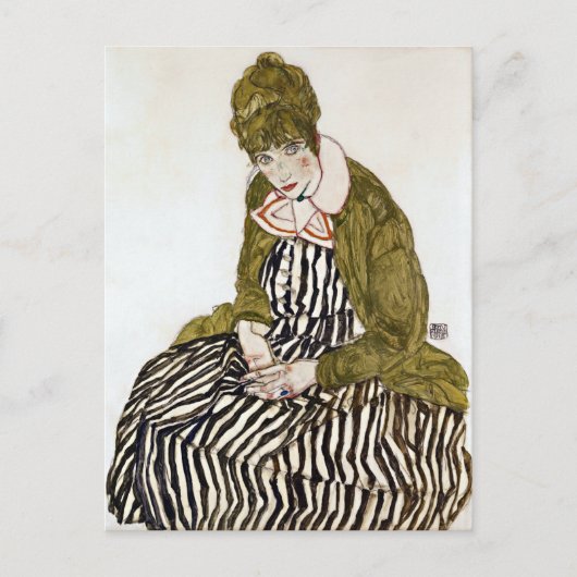 Egon Schiele Edith met Striped Dress, zittend Briefkaart (Voorkant)
