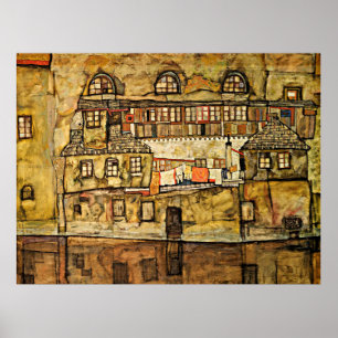 Egon Schiele - House Wall op de rivier Poster
