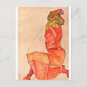Egon Schiele - neeling Vrouw in Oranje rode dress Briefkaart